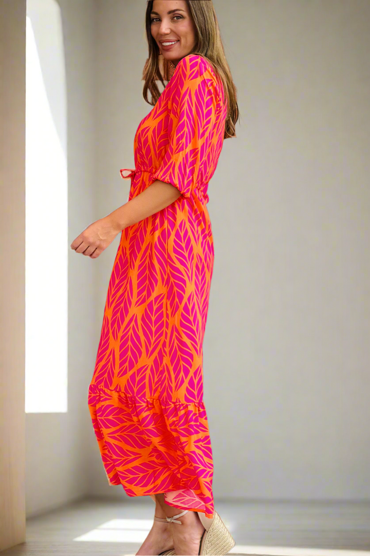 Beth Orange and Pink Multi Print Midi Dress