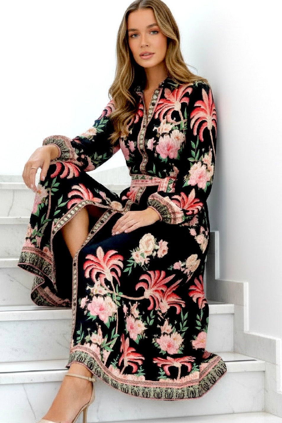 Maddison Palm Print Dress in Black Long Sleeve
