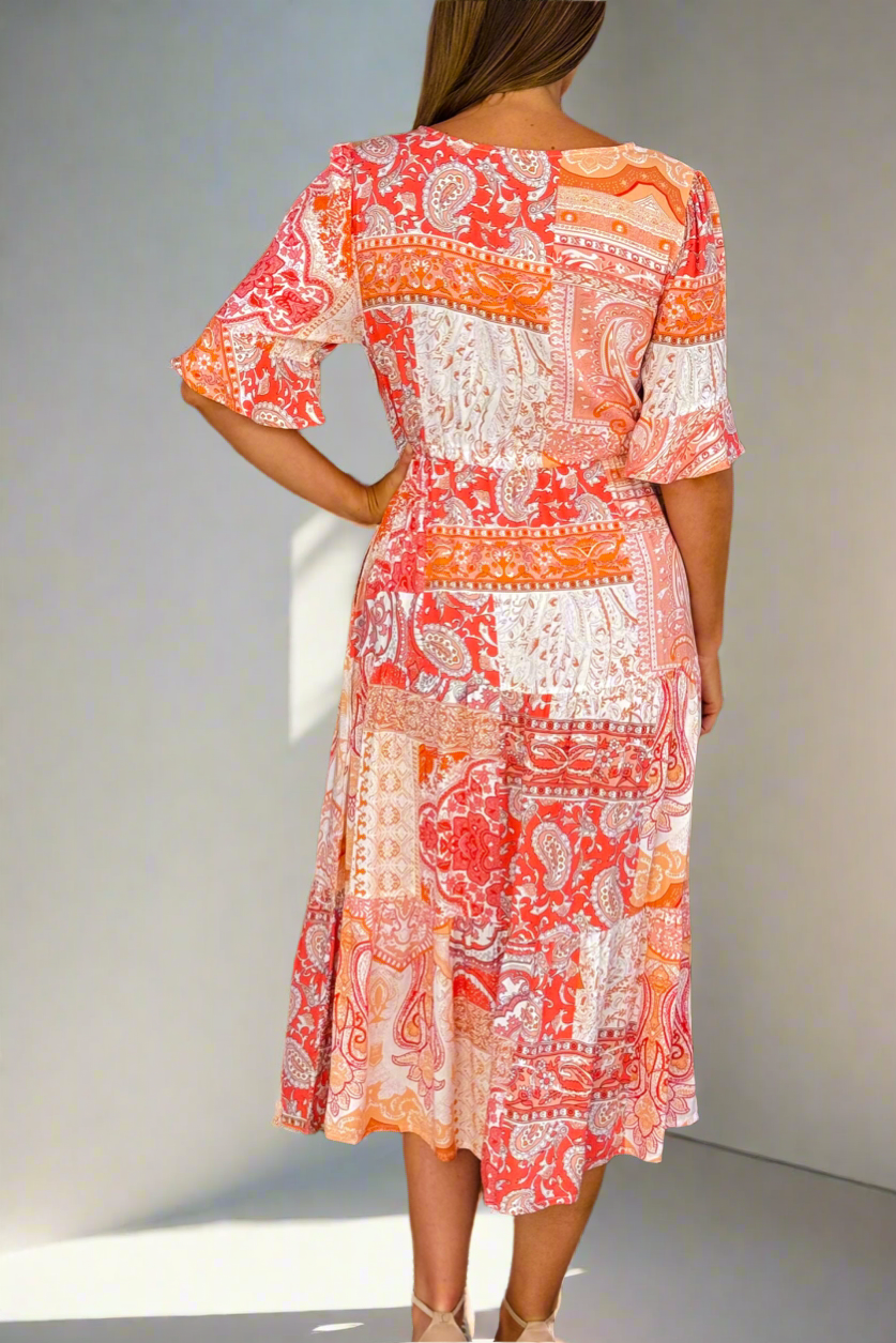 Diana Short Sleeve Orange Multi Print Drawstring Midi