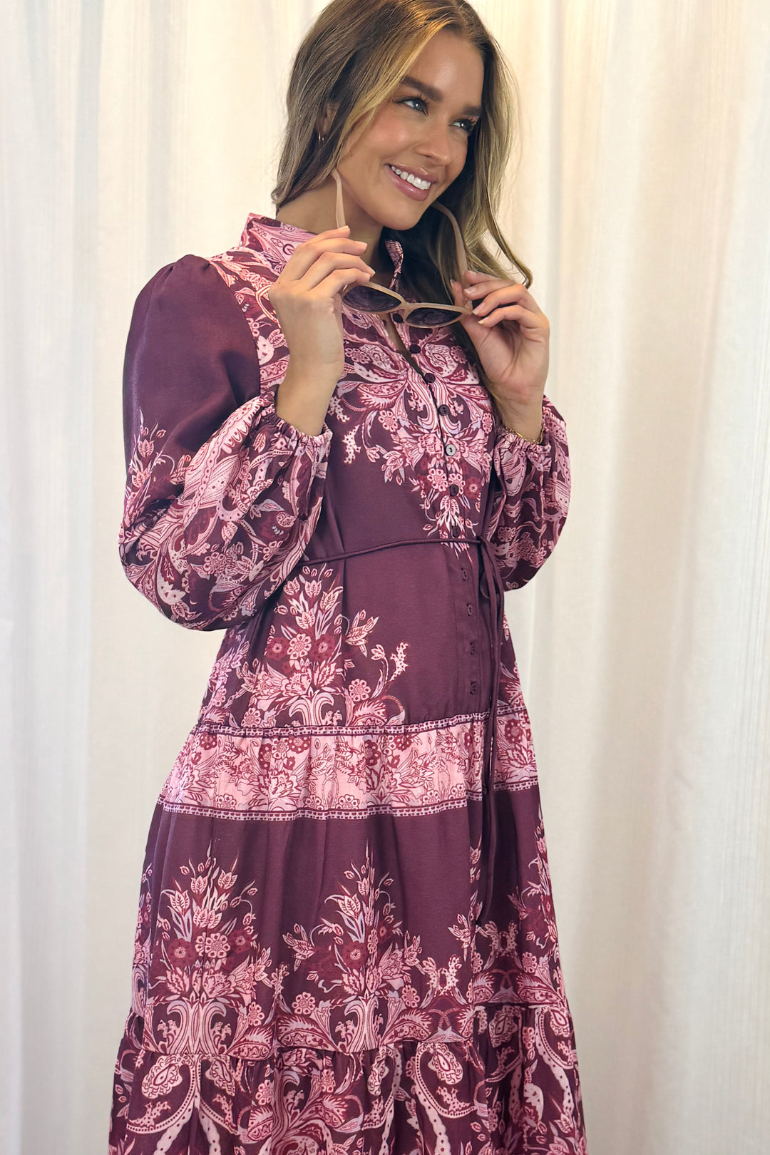 Sabrina Midi Multi Print Dress in Pink and Claret