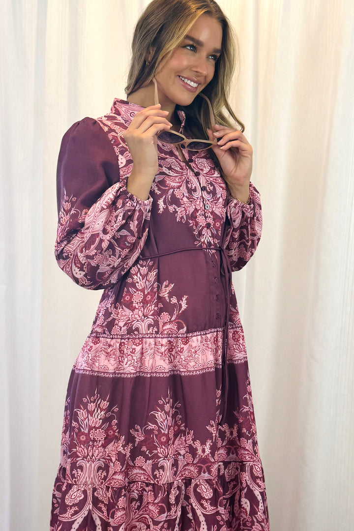 Sabrina Midi Multi Print Dress in Pink and Claret