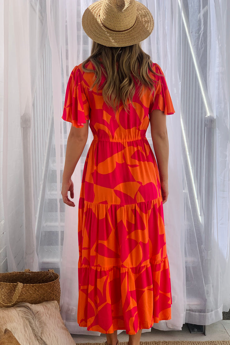 Santorini Midi Dress  in Orange and Hot Pink