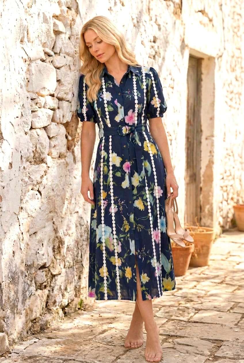 Martha Floral Dress in Navy Multi Print