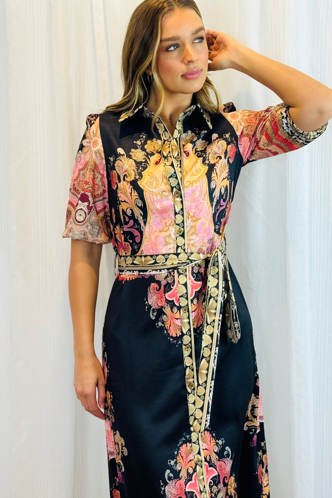 Portia Shirt Dress in Black Multi Print
