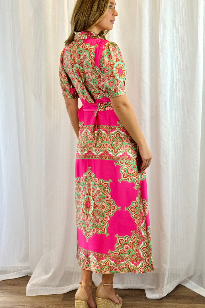 Angelina Hot Pink Embroidered Print Dress