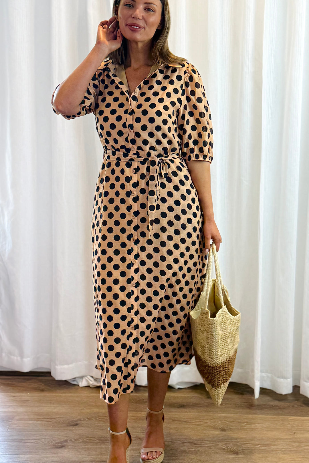 Fallon Polka Dot Shirt Dress in Tan