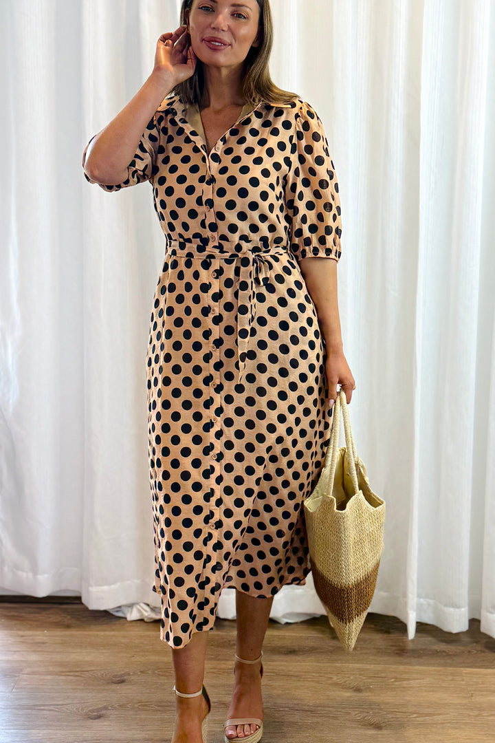 Fallon Polka Dot Shirt Dress in Tan