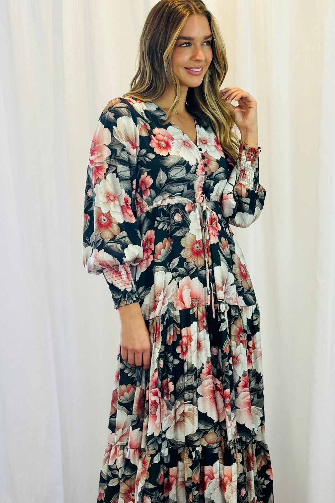 Yasmine Floral Drawstring Maxi Dress with Front Split
