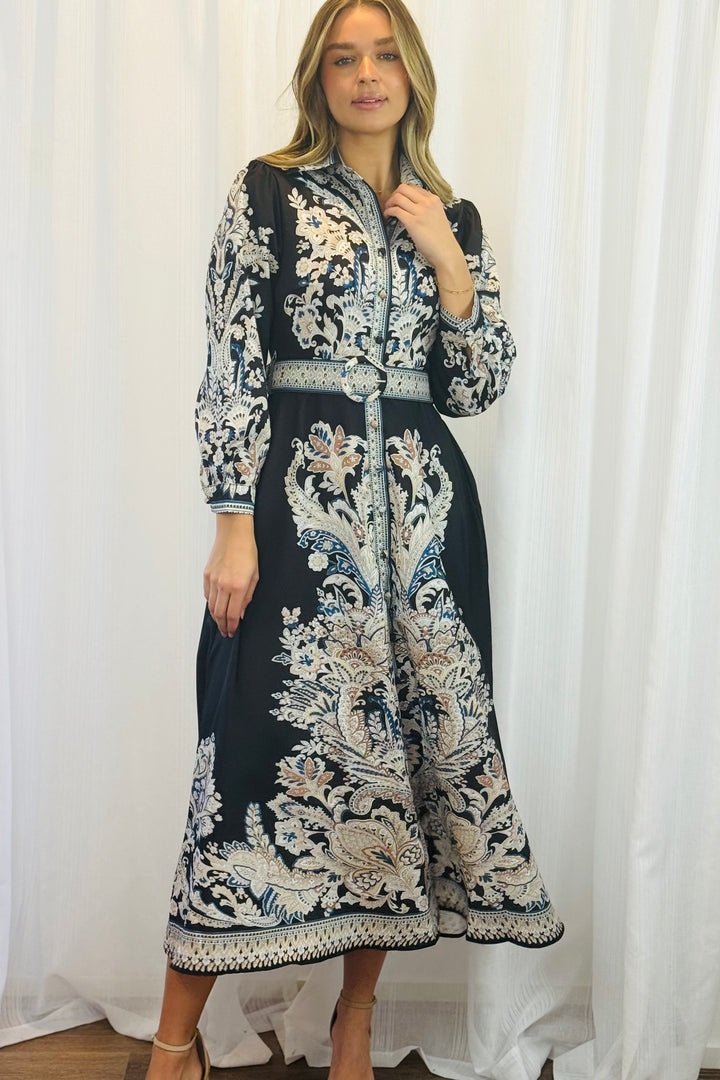 Lopez Embroidered Print Maxi Dress in Black