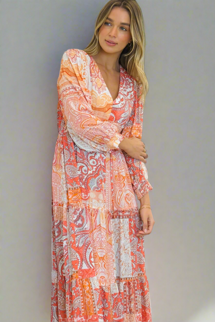 Diana Drawstring Long Sleeve Midi  Dress in Orange Print