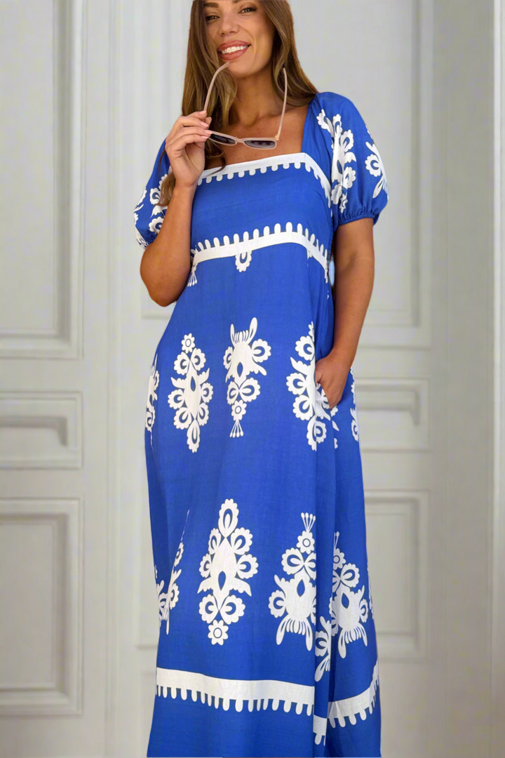 Bonnie Maxi Dress in Blue With White Print