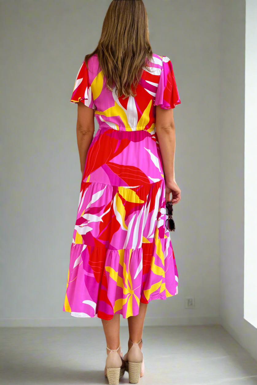 Almalfi Print Drawstring Midi Dress in Pink and Yellow Tones