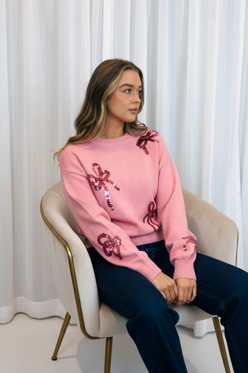 Morgan Knit Top in Rose Pink with Sequins