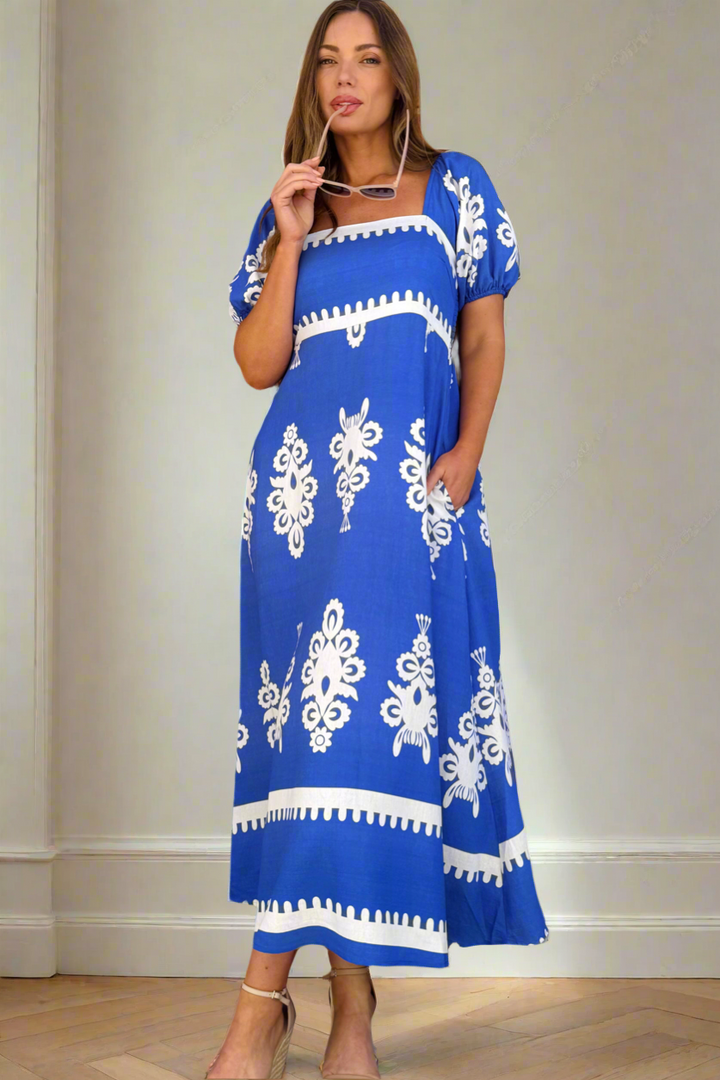 Bonnie Maxi Dress in Blue With White Print