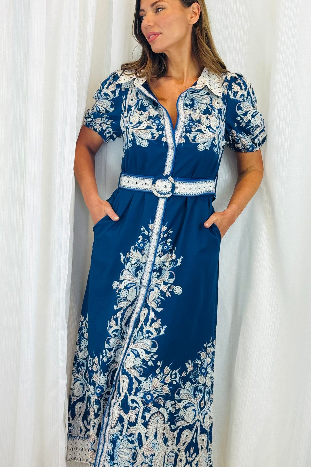Lopez Embroidered Print Shirt Dress  In Navy