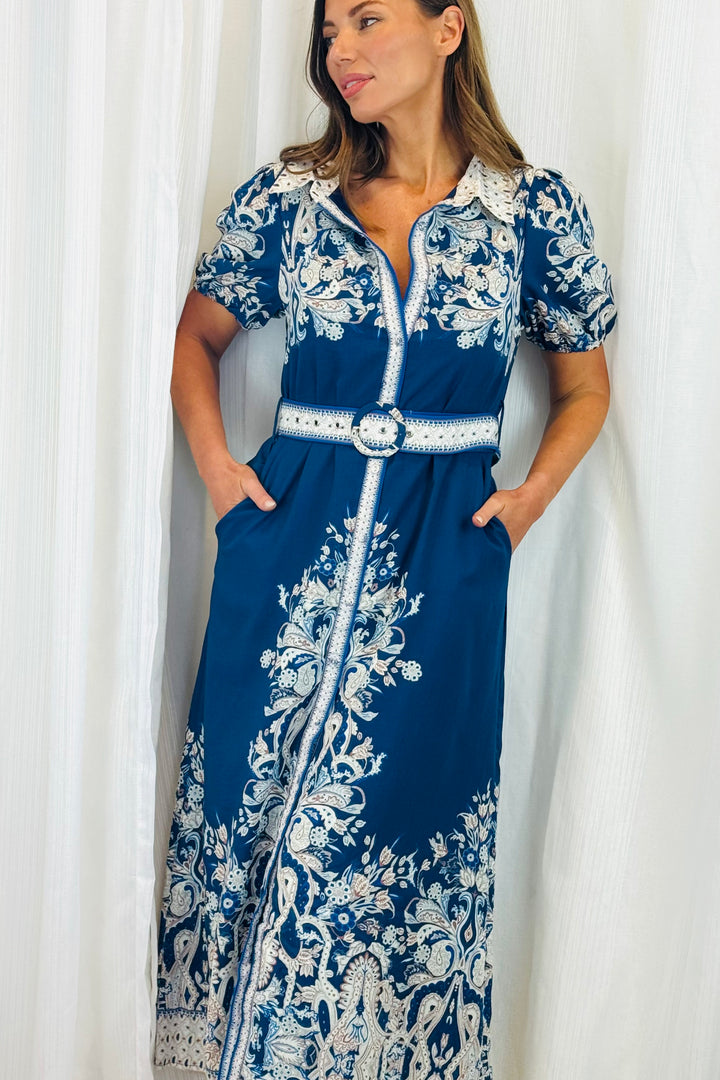 Lopez Embroidered Print Shirt Dress  In Navy