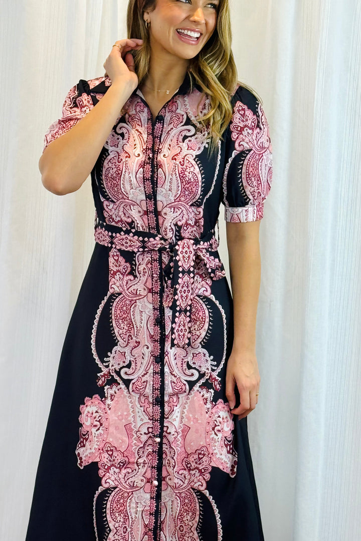 Eden Short Sleeve Dress With Pink Embroidered Print.