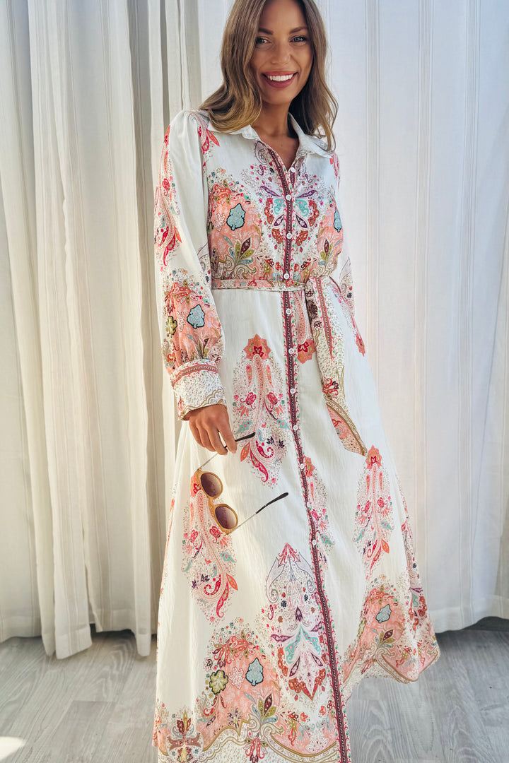 Gidget Embroidered Print Dress in Off White