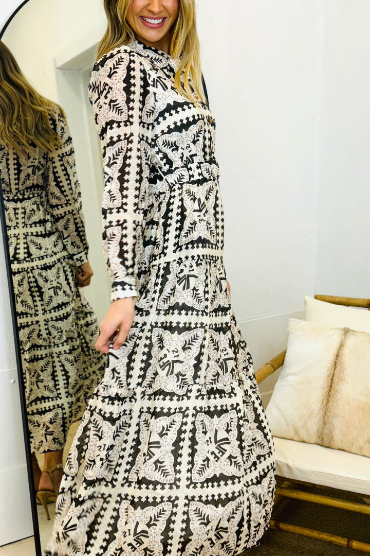 Amaya Long Sleeve Maxi Dress in Black and Cream Print