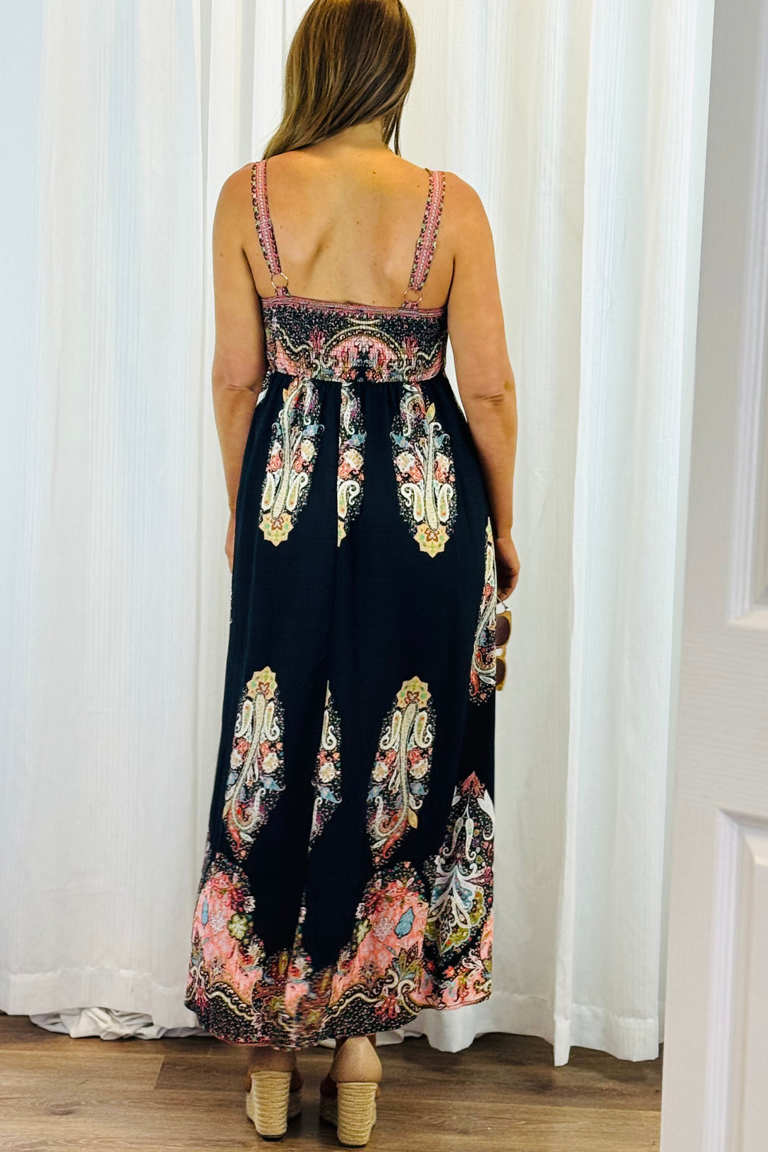 Positano Maxi in Black With Embroidery Multi Print