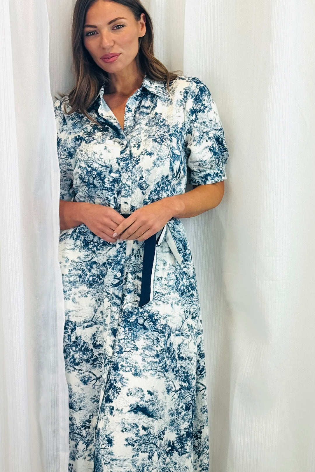 April Blue and Off White Multi Print Short Sleeve Dress