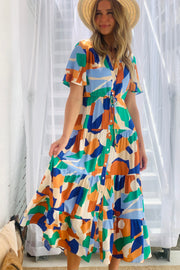 Alana Short Sleeve Midi  Dress in Multi Colour Print