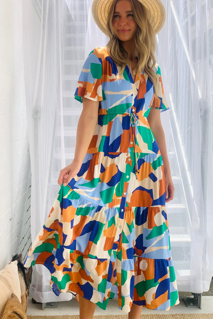 Alana Short Sleeve Midi  Dress in Multi Colour Print