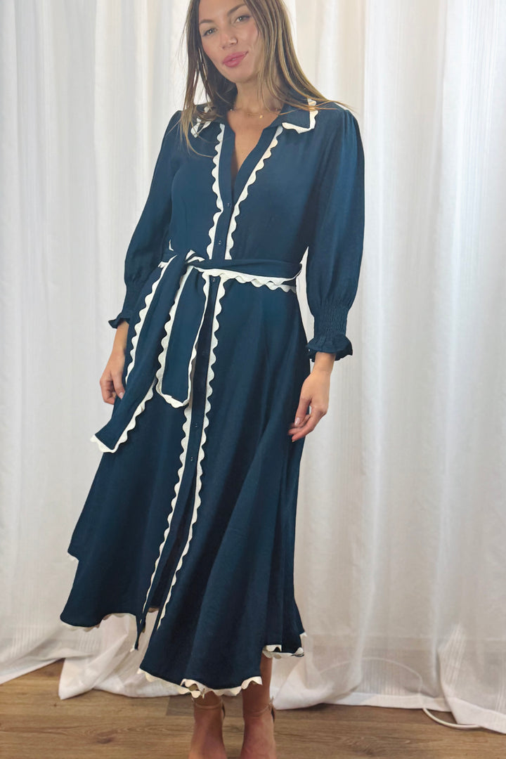 Shyla Dress in Navy with White Trimming