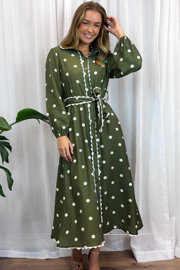 Shyla Long Sleeve Polka Dot Dress In Khaki