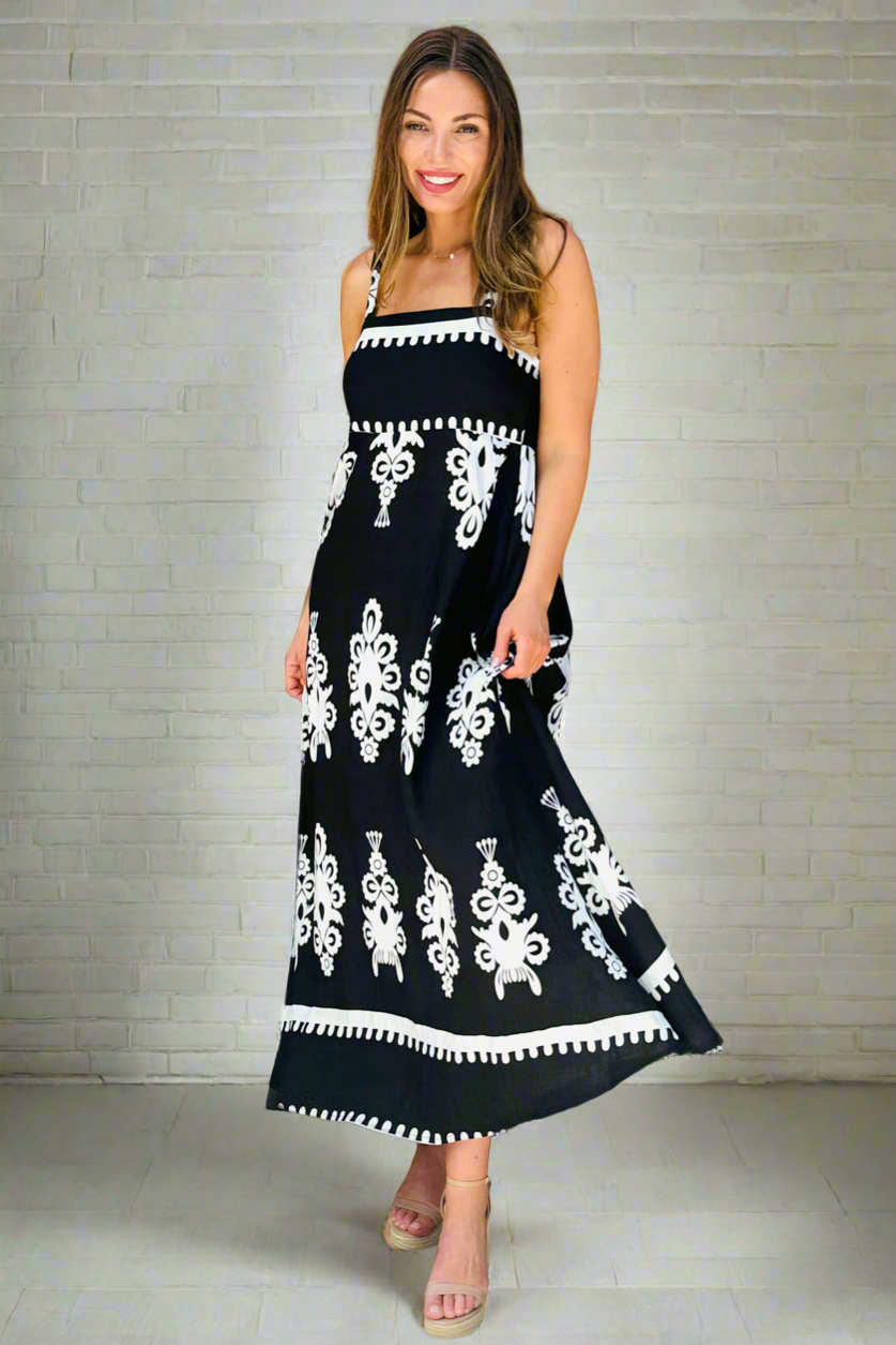 Positano Embroidered Print Maxi Dress in Black and white