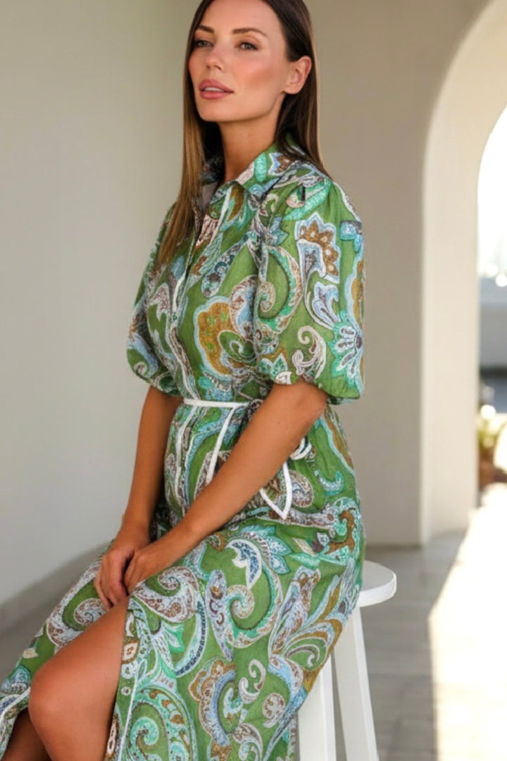 Leah Paisley Dress in Green Print