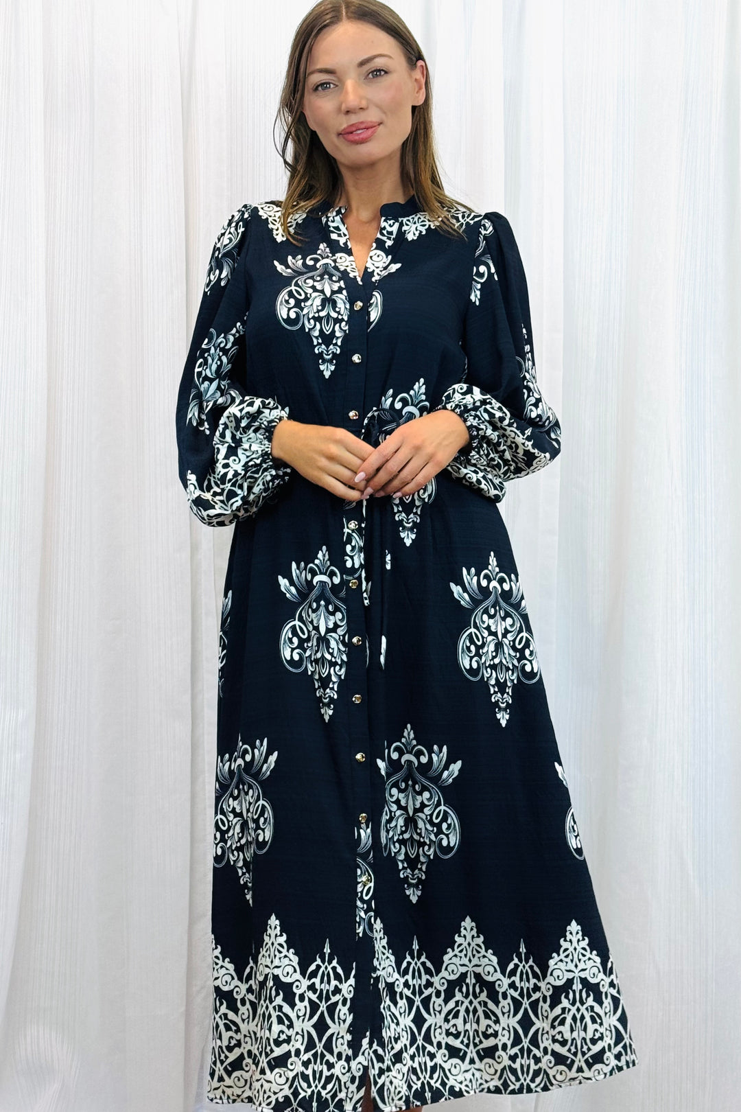 Mina Black Multi Print Dress With Off White Print