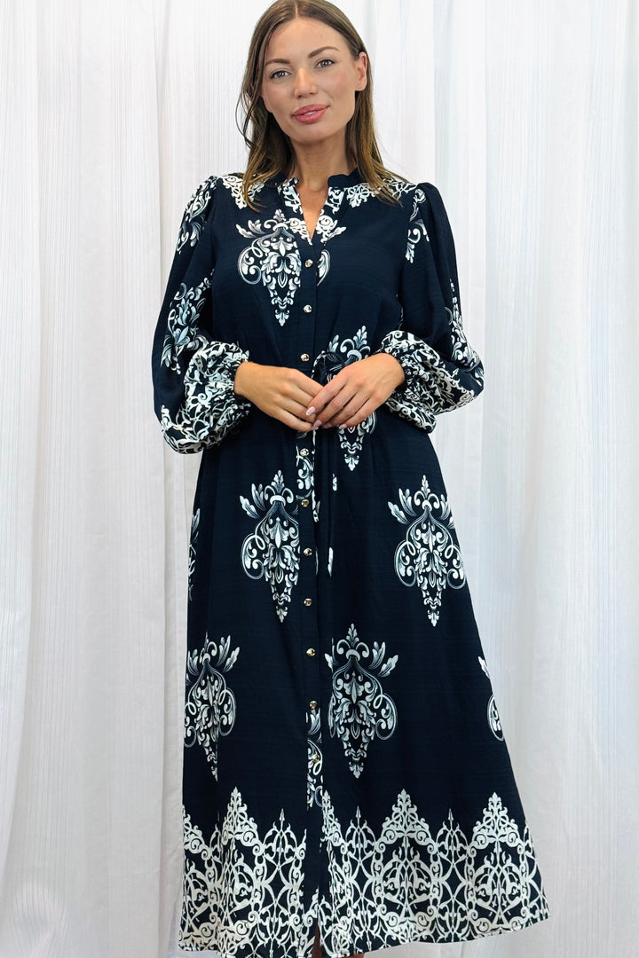 Mina Black Multi Print Dress With Off White Print