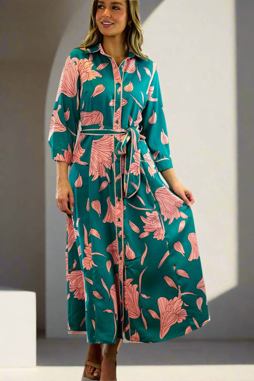 Martina Green and Pink Print Midi Dress