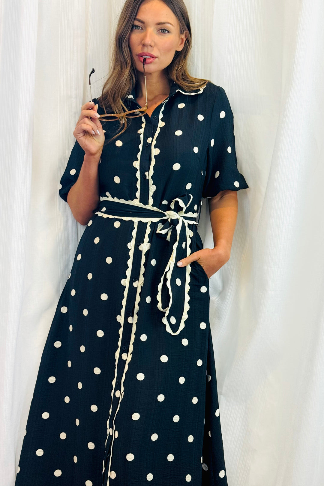 Shyla Black and Off White Polka Dot Dress