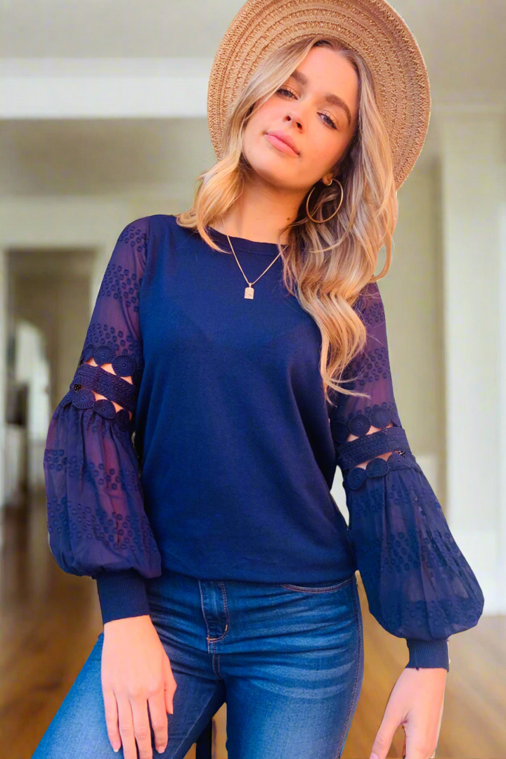 Molli Knit Top Detailed Sleeve  in Navy