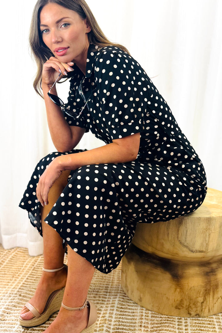 Tamika Black and Beige Polka Dot Dress