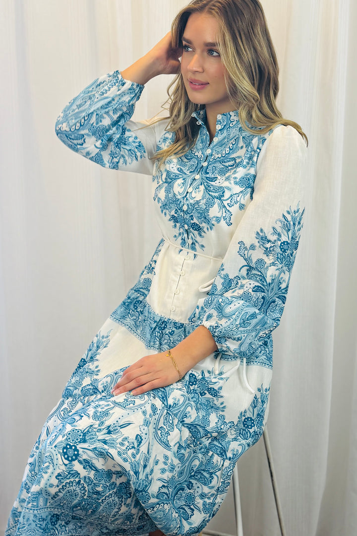 Sabrina Off White and Blue Print Midi Dress