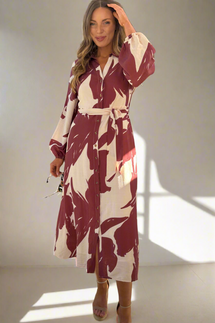 Ayana Cream and Claret Print Shirt Dress