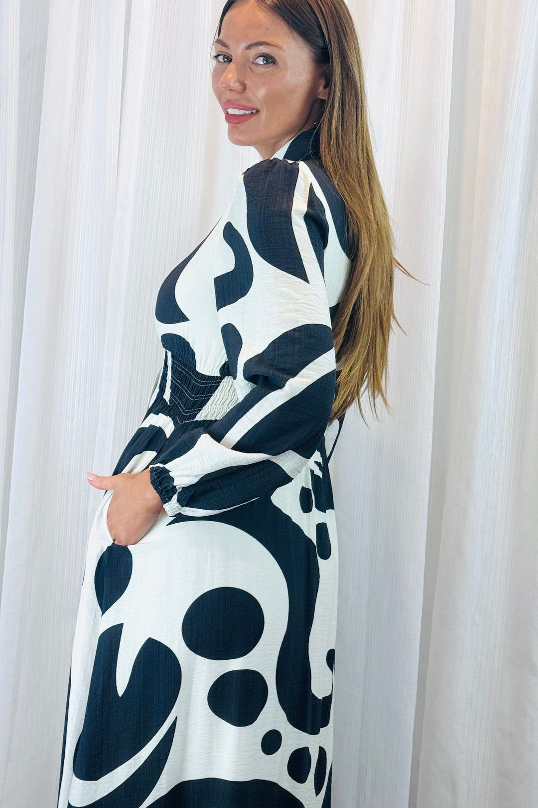 Tonia Shirt Dress in Black and Off White Multi Print
