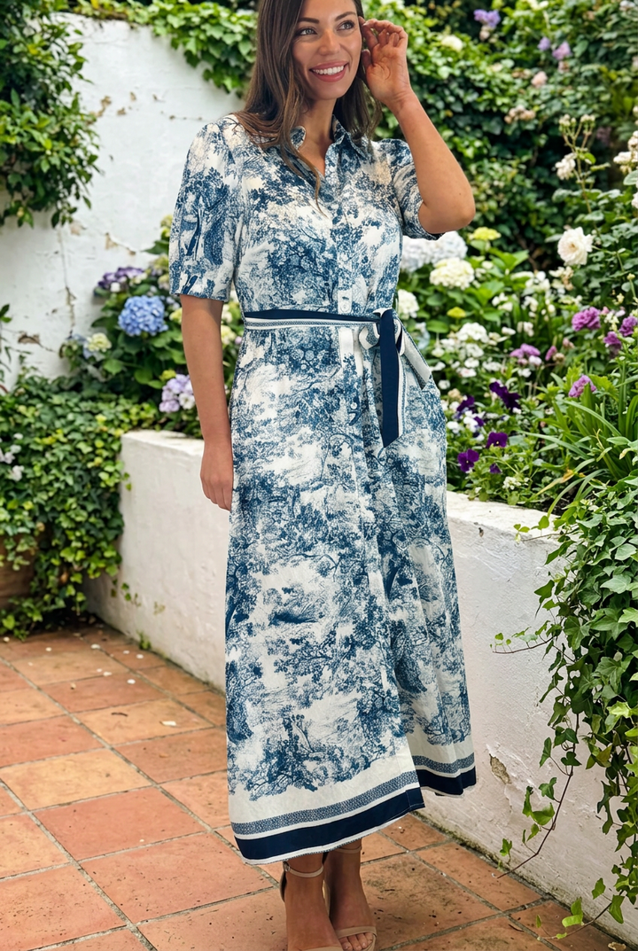 April Blue and Off White Multi Print Short Sleeve Dress