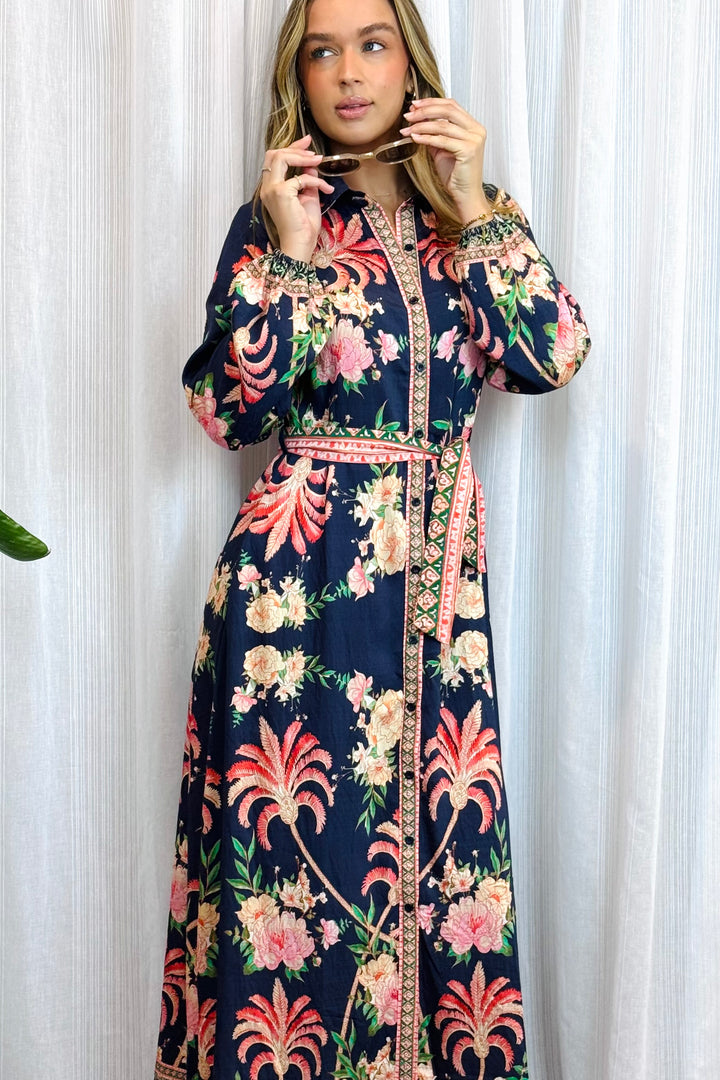 Maddison Long Sleeve Maxi Dress in Navy Print