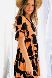 Stella Short Sleeve  Dress in Orange and Black Print