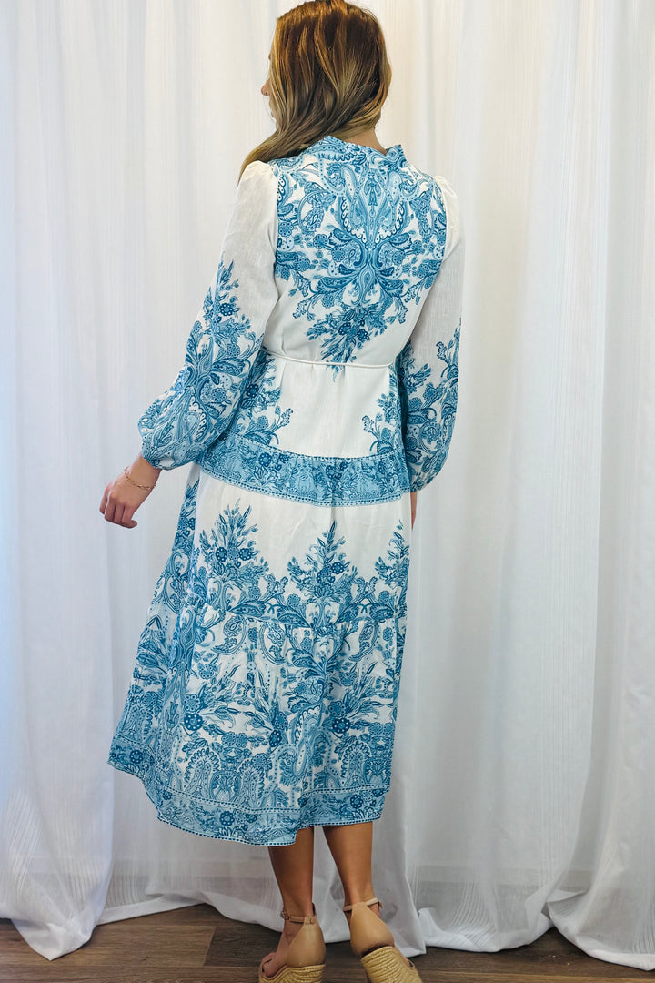 Sabrina Off White and Blue Print Midi Dress