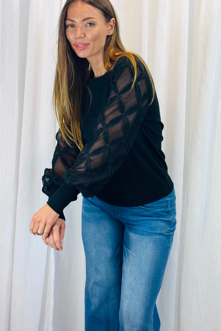 Milani Lace Knit Top in Black