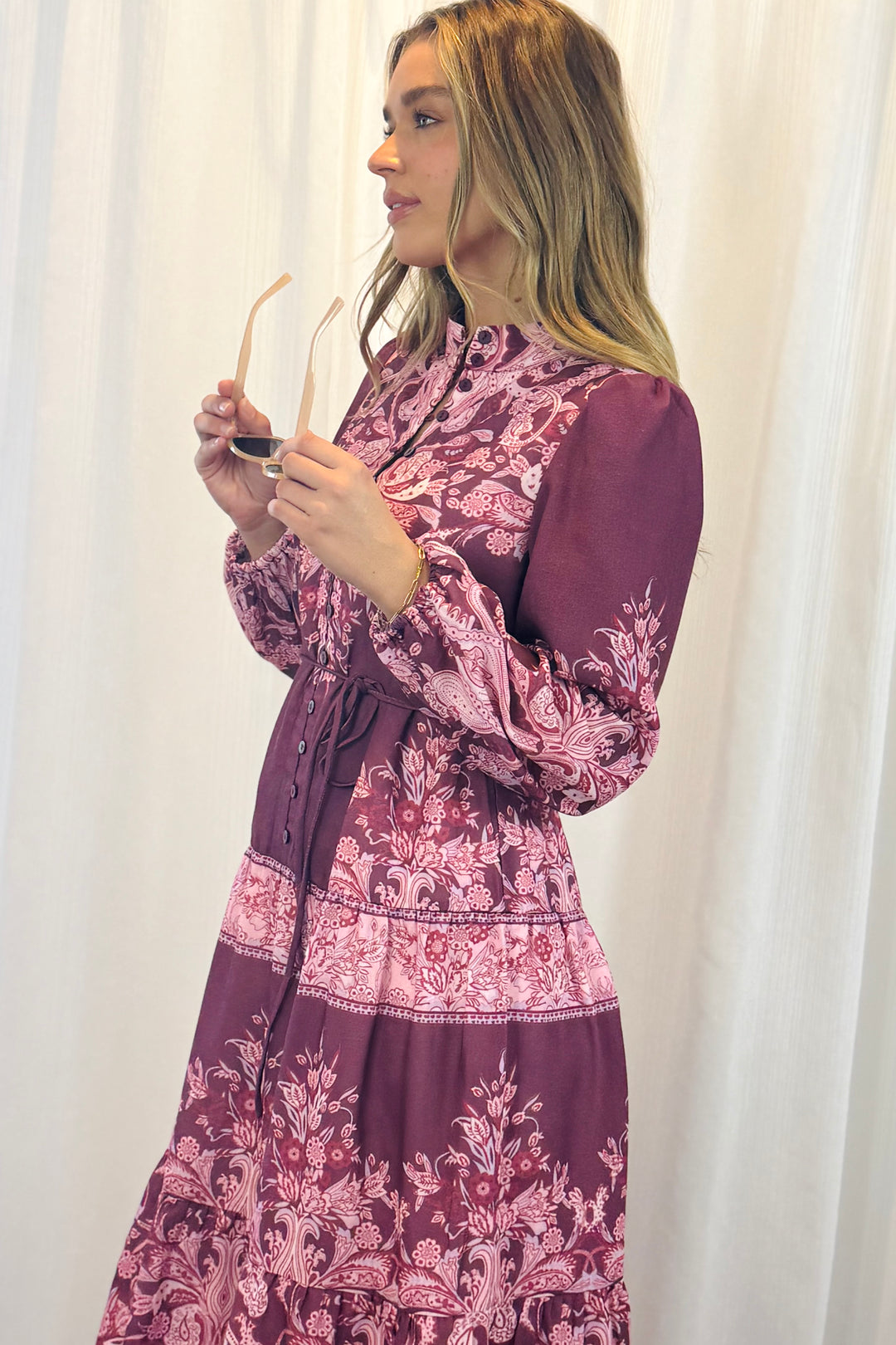 Sabrina Midi Multi Print Dress in Pink and Claret