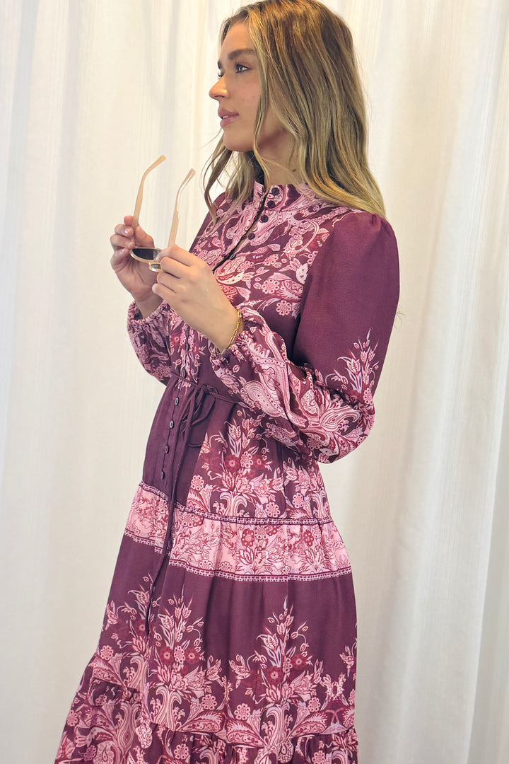 Sabrina Midi Multi Print Dress in Pink and Claret
