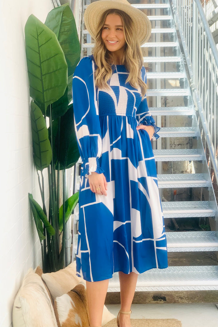 Cleo Long Sleeve Midi  Dress in Blue