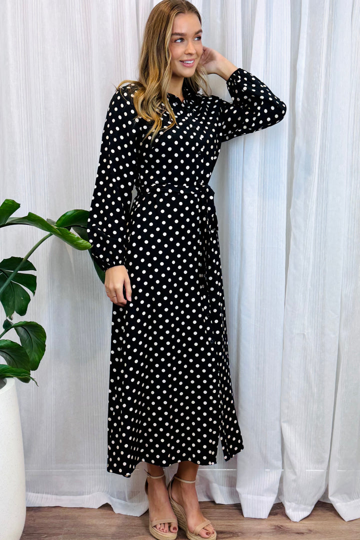 Tamika Polka Dot Dress in Black Long Sleeve