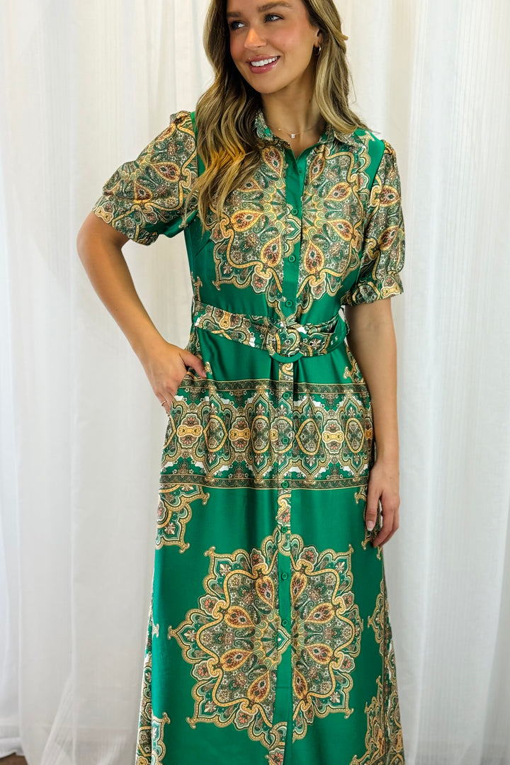 Angelina Embroidered Print Dress in Green